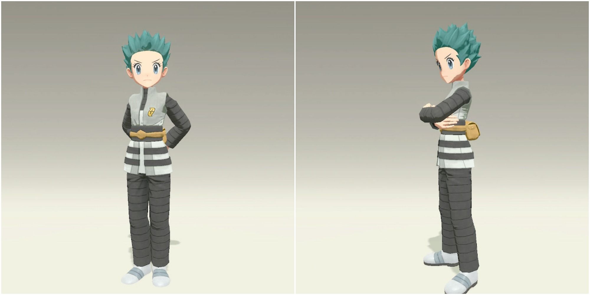 Two split images of the Pokemon Legends Arceus girl trainer wearing the Modern Outfit, dressed as Cyrus.