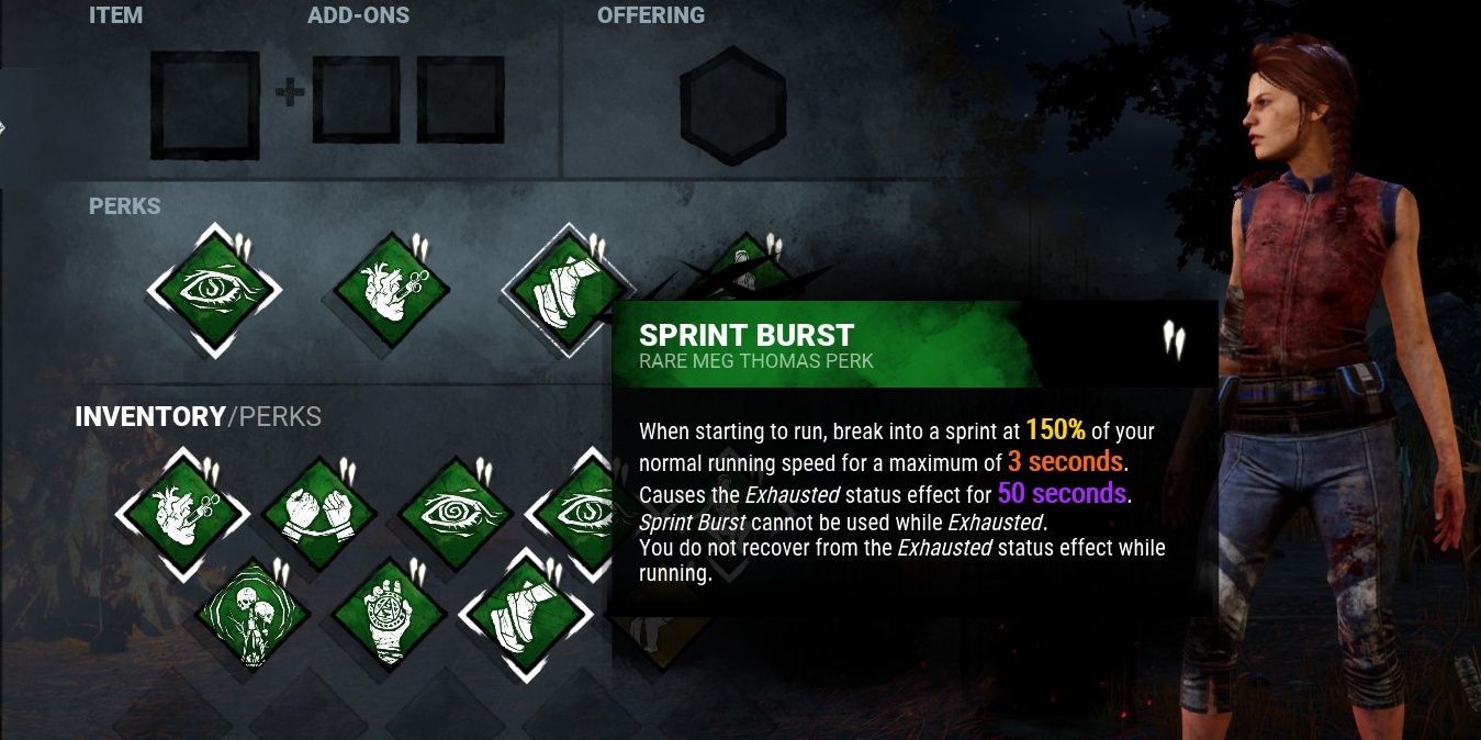 Meg Thomas from Dead By Daylight and her perk Sprint Burst