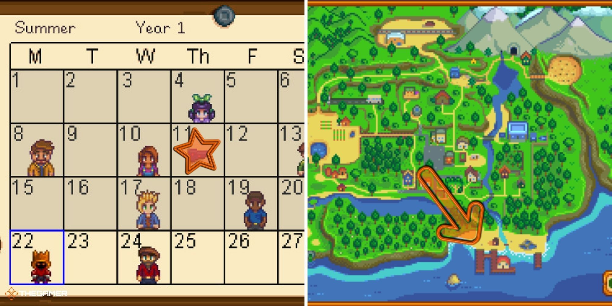 Stardew Valley - Summer Calendar on left, Map of Stardew Valley on right