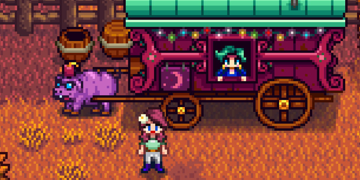 A farmer visits the Traveling Merchant on a Fall day