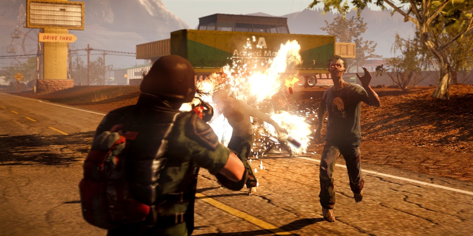 State of Decay shooting at zombies Cropped