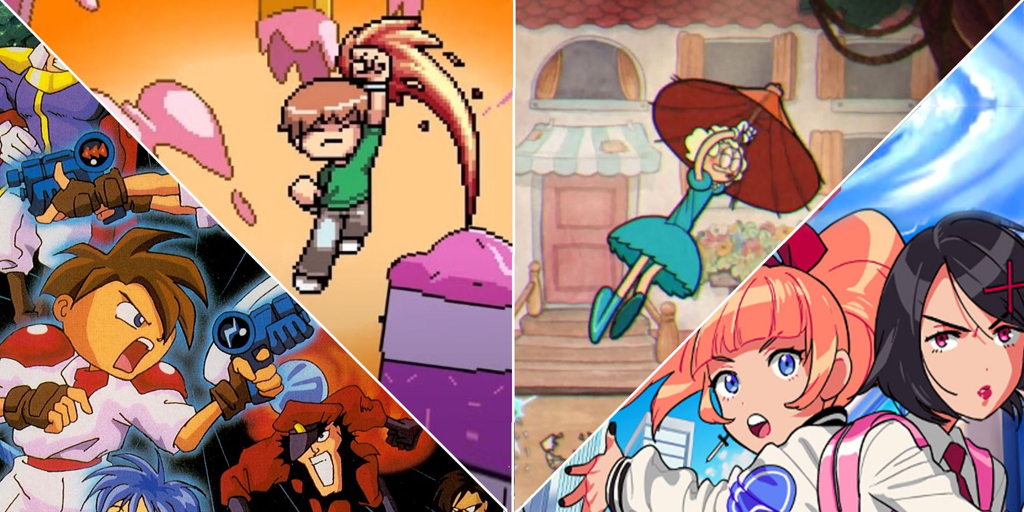Street Fighter Homage Featured Image (with art from Gunstar Heroes' and River City Girls' covers, as well as a Cuphead image showing Sally Stageplay doing a Yoga Drill and Scott Pilgrim Vs. The World image of Scott performing a Shoryuken)