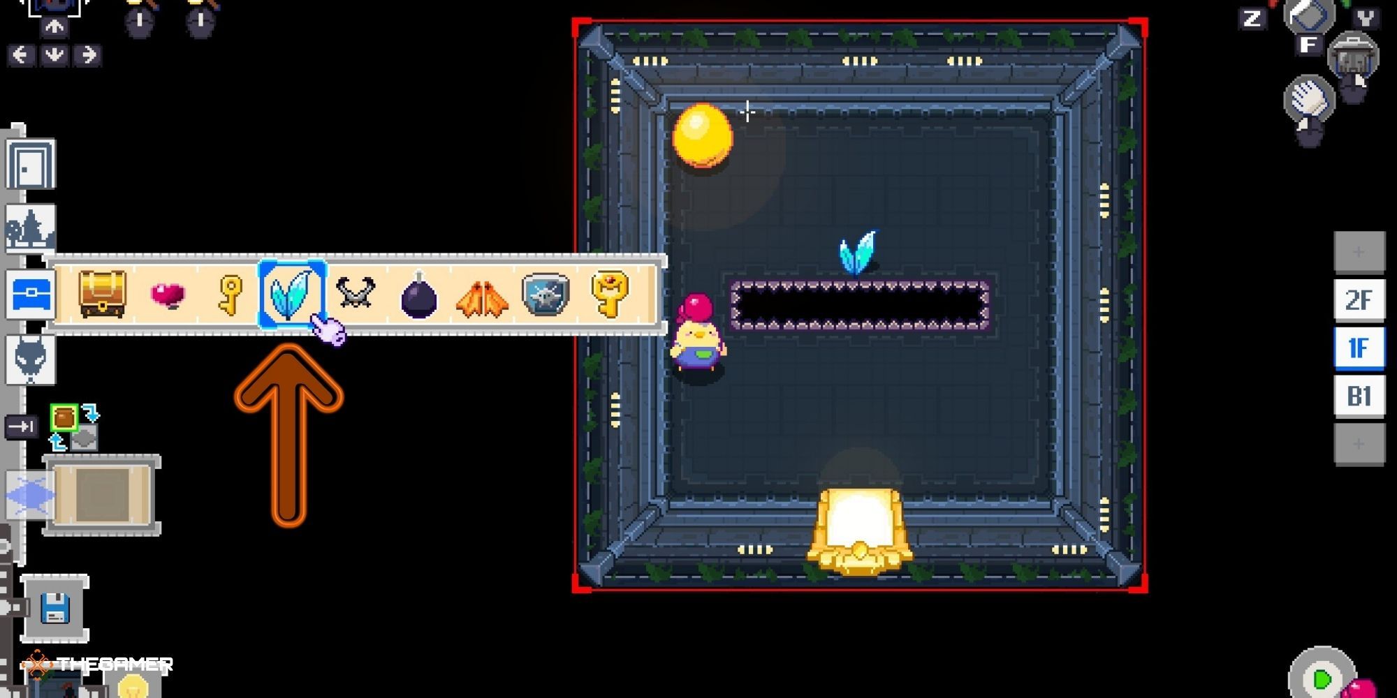 Super Dungeon Maker - Dungeon-Making Menu with arrow pointing to power-ups