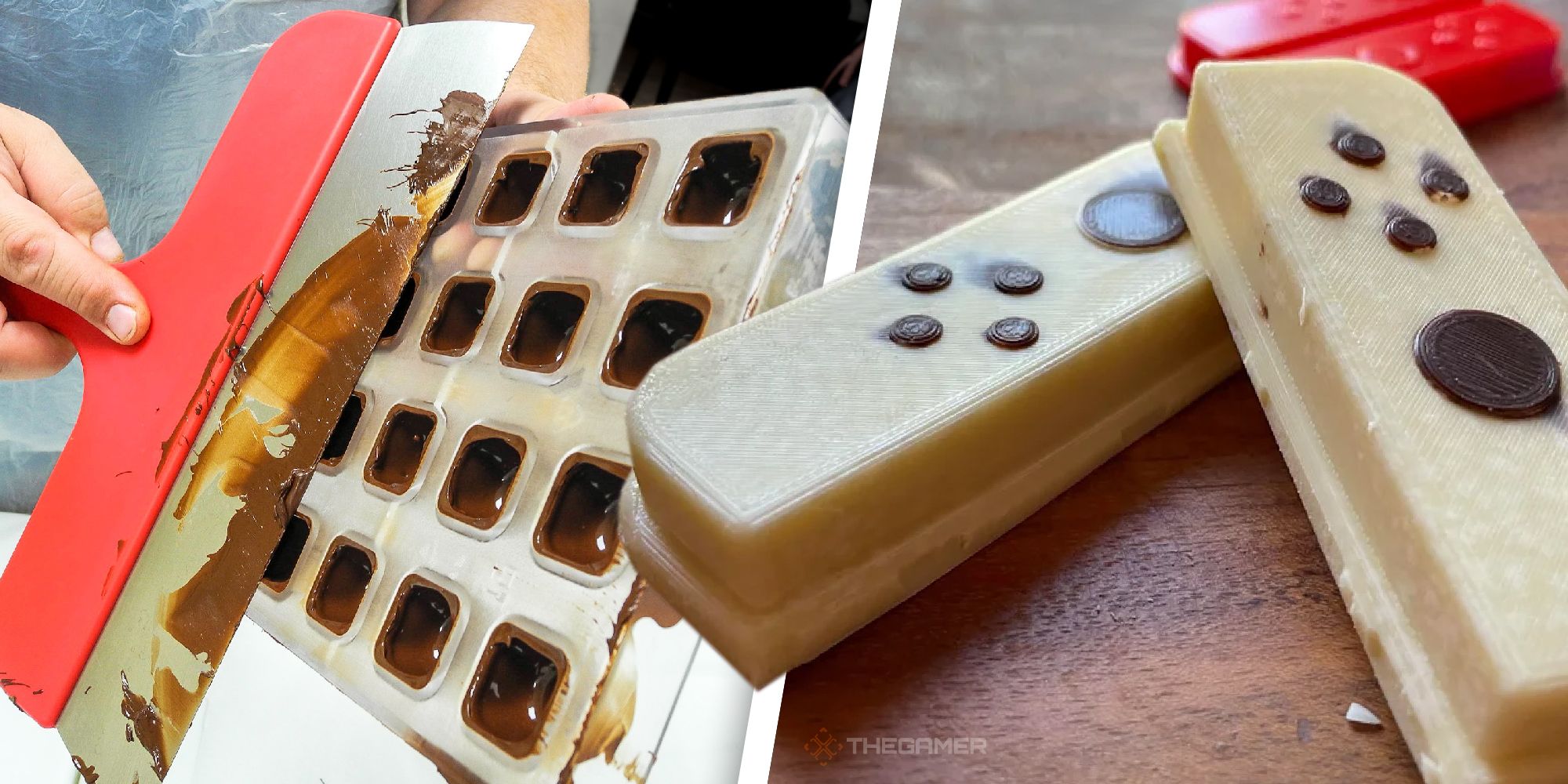 a chocolate mold and a nintendo switch joy-con made of chocolate