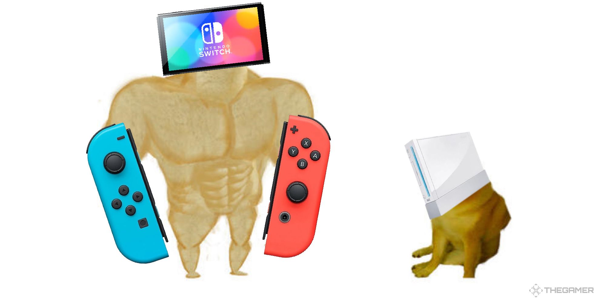 Switch vs Wii - big dog small dog meme with the switch beating the small dog with a wii on its head