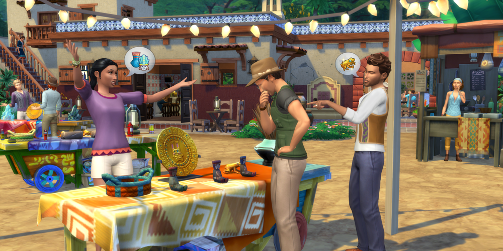 Some explorers visit a marketplace vendor to prepare for their expedition into the jungle
