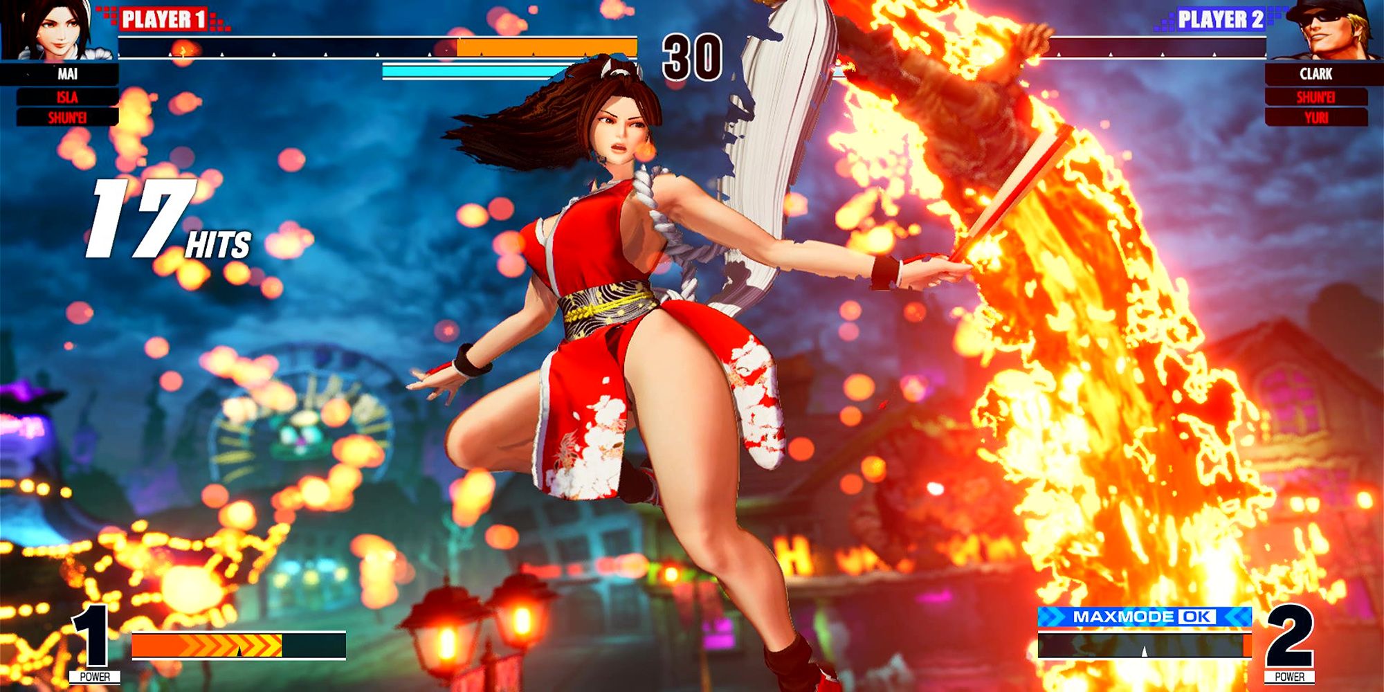 Mai soars through the air of the abandoned amusement park after landing the Shiranui-Ryuu Ougi - Kuzunoha Climax Super Special Move in The King Of Fighters 15.