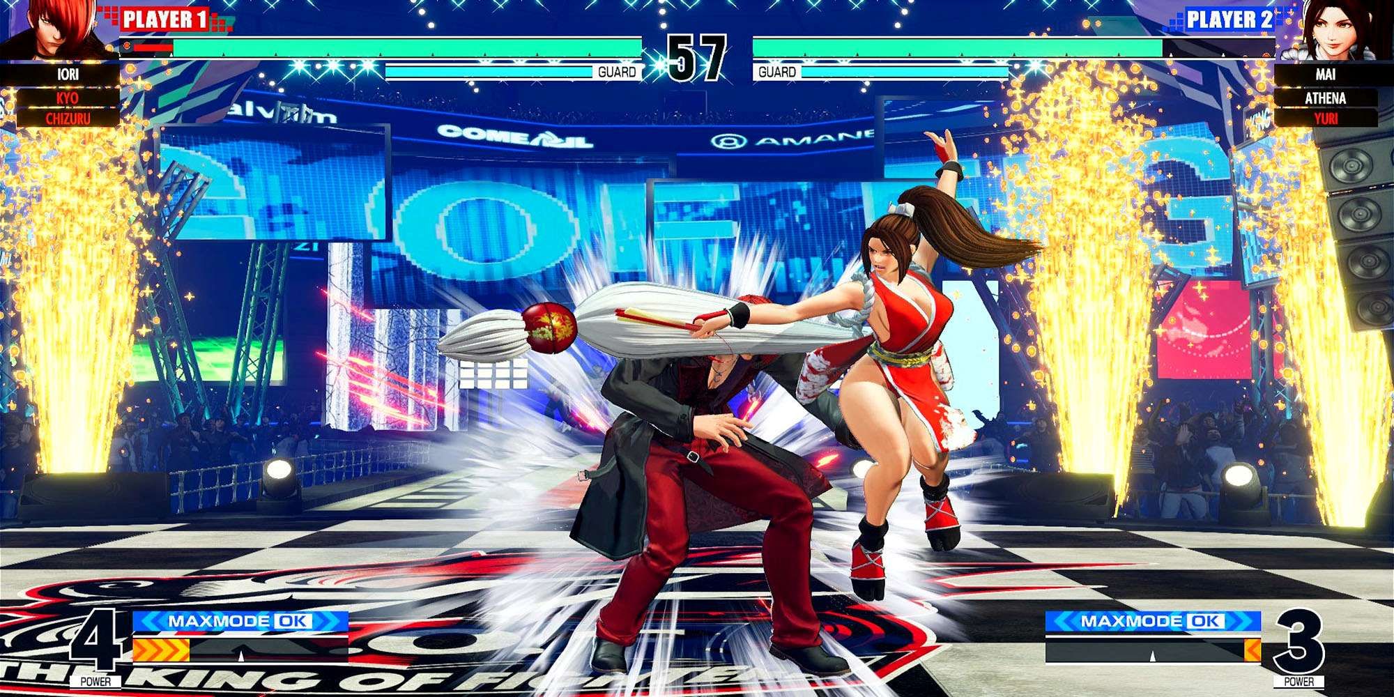 Mai hits Iori with a shatter strike at the Concert Hall in The King Of Fighters 15.