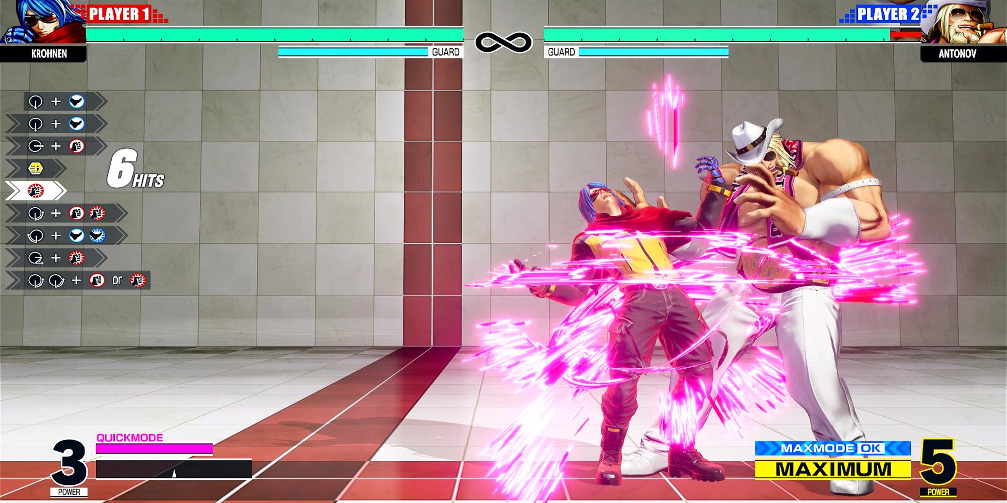 Shen'ui enters Quick Max Mode in a combo attack against Antonov in the Training Stage in The King Of Fighters 15.