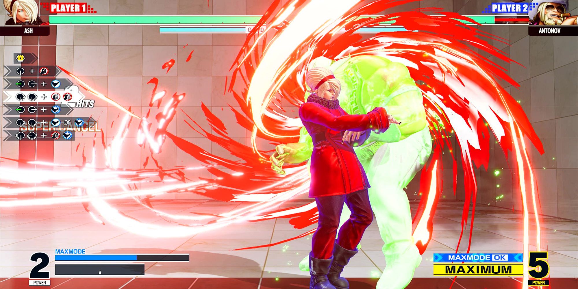 Ash pulverizes Antonov with a super cancel at the Training Stage in The King Of Fighters 15.