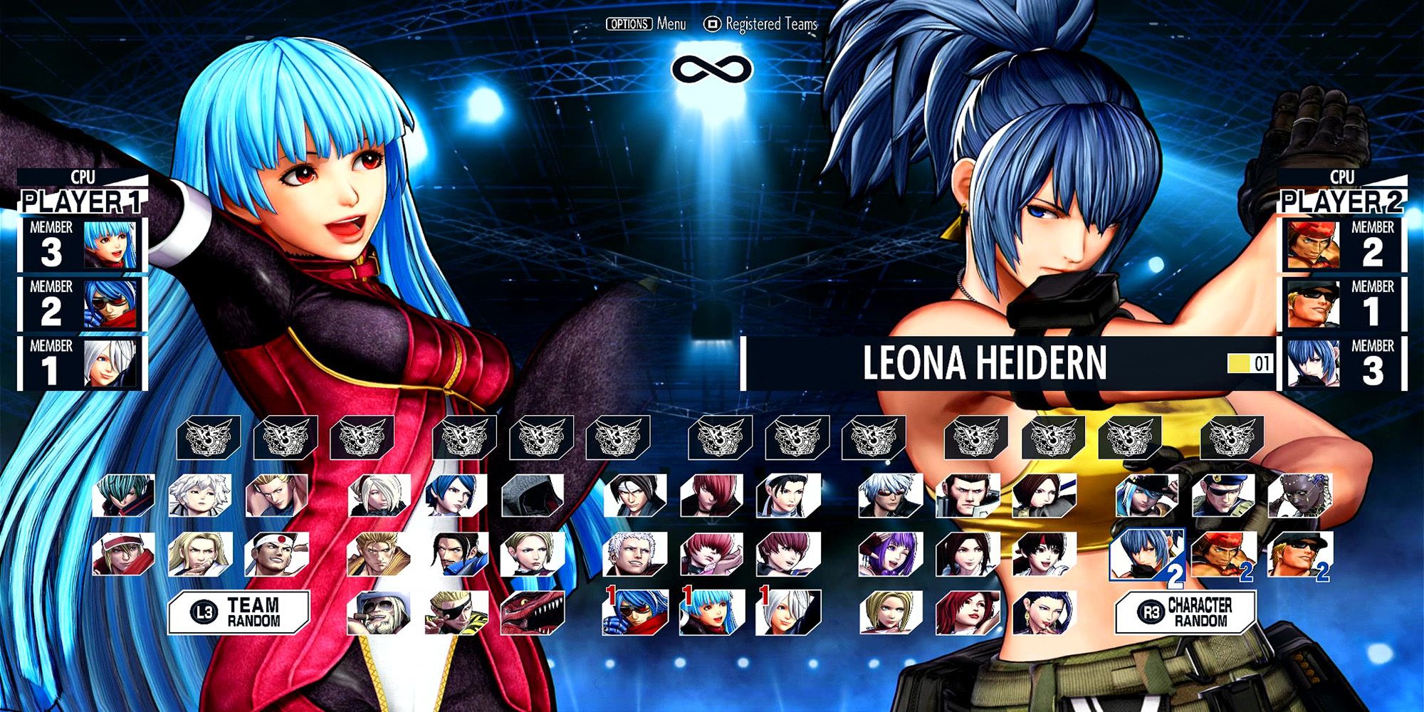 Player 1 selects Team Krohnen and Player 2 selects Team Ikari in the character select menu in The King Of Fighters 15. Kula Diamond and Leona Heidern are featured.