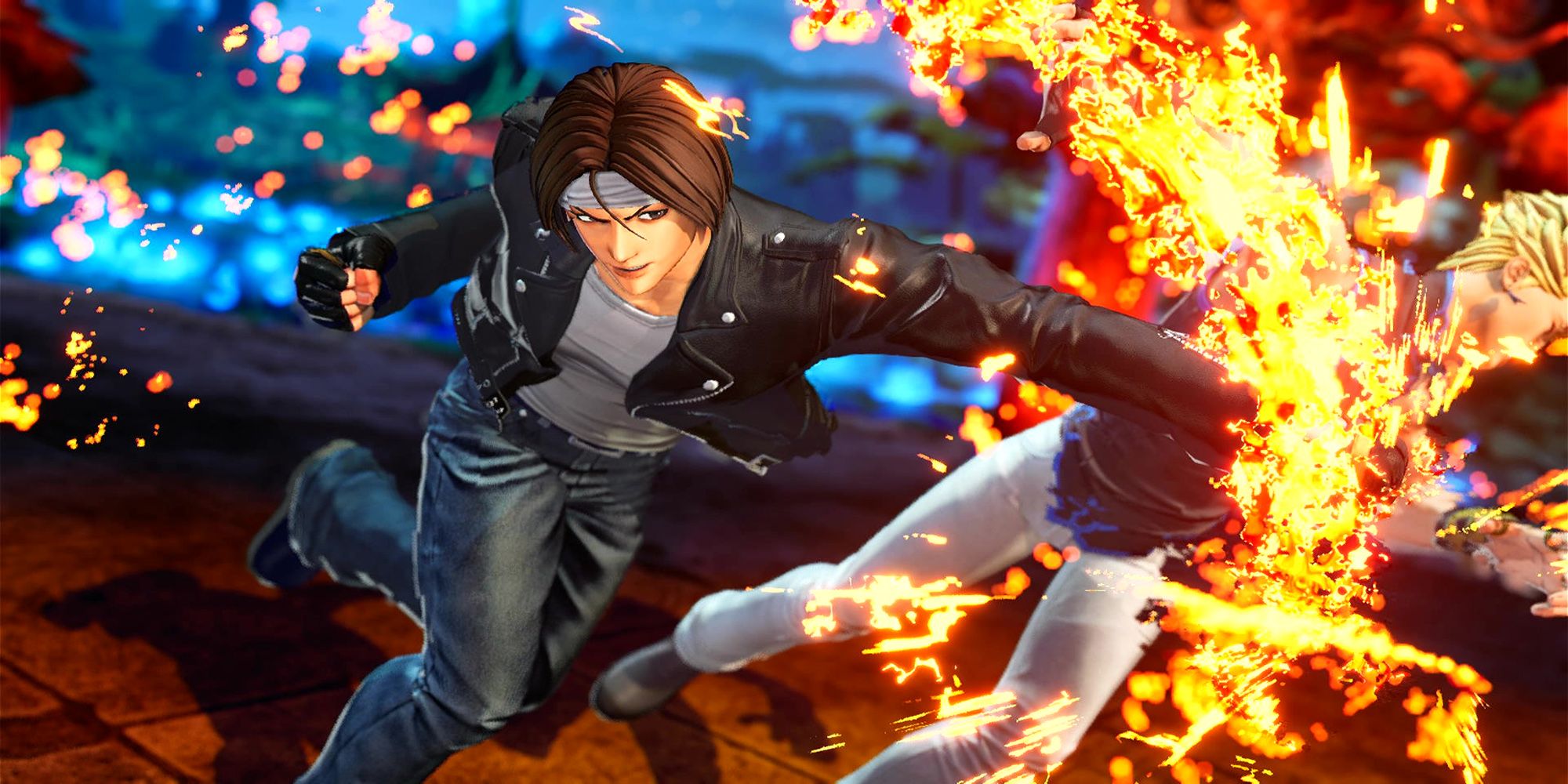 During his Climax Super Special Move, Kyo Kusanagi sends a fiery punch towards Benimaru Nikaido at The Chinese Garden. The King Of Fighters 15.