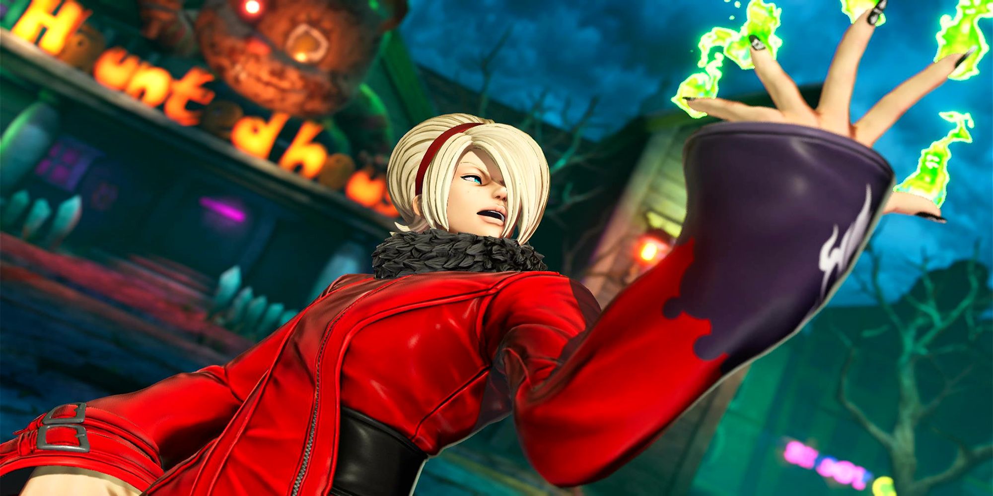 Ash Crimson prepares to launch his Climax Super Special move, Espoir, towards an opponent at the Abandoned Theme Park. The King Of Fighters 15.