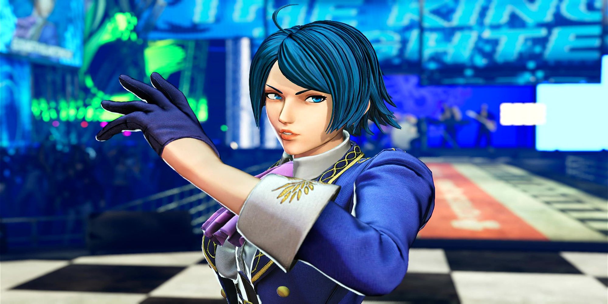 Elisabeth prepares to launch her Climax Super Special move, Fête de la Lumière, during a match at the Concert Hall. The King Of Fighters 15.