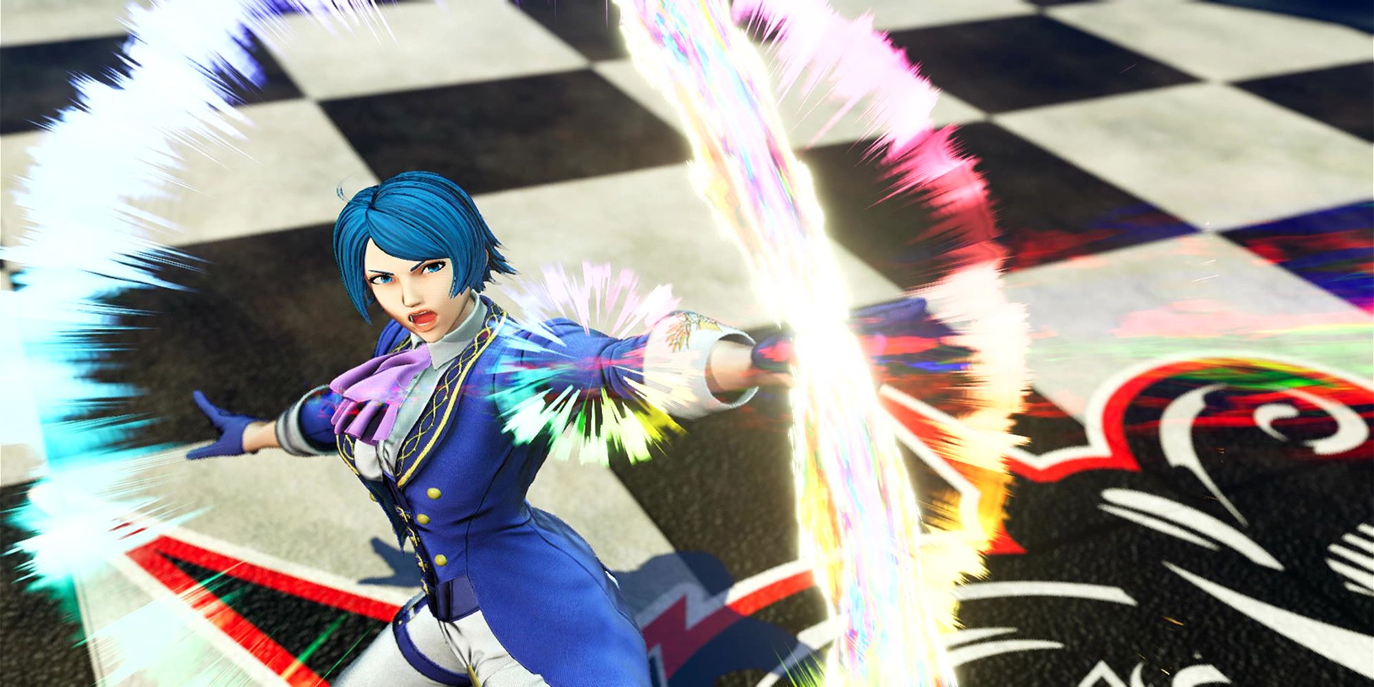 Elisabeth launches an arrow toward her opponent during her Climax Super Special move, Fête de la Lumière, in a battle at the Concert Hall. The King Of Fighters 15.