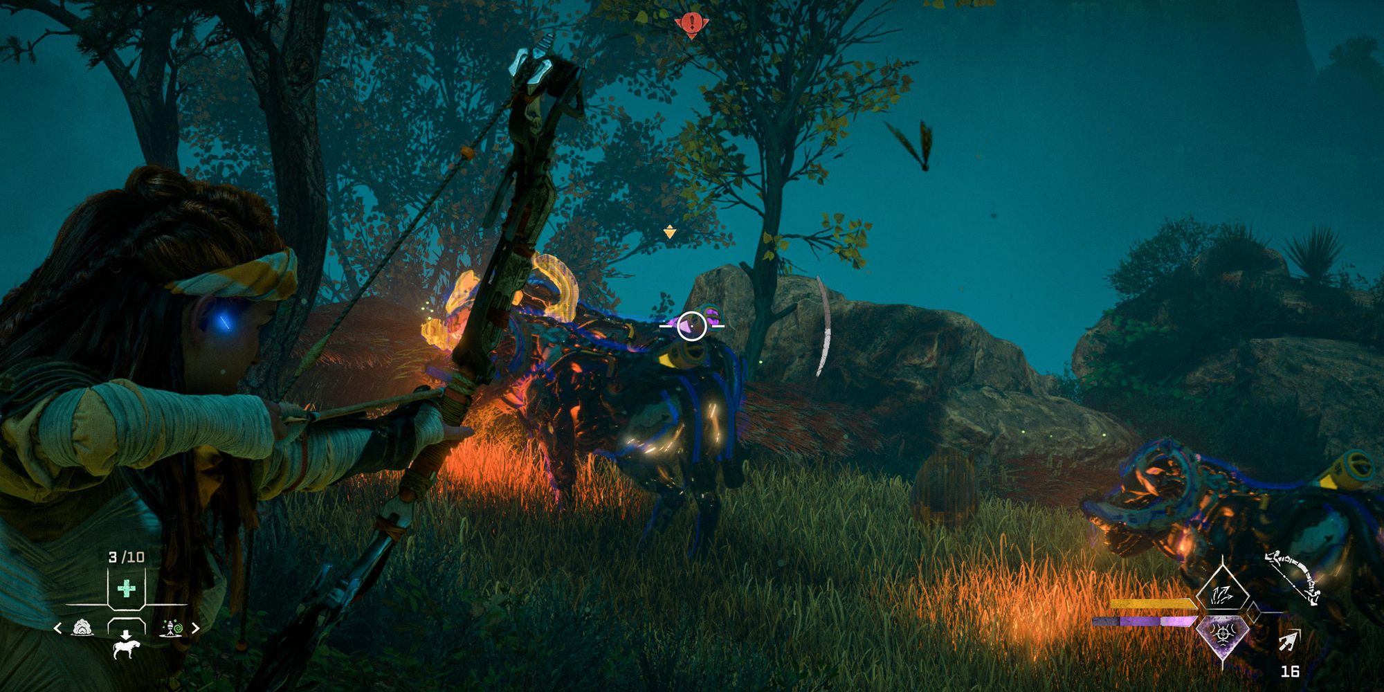 Horizon Forbidden West Aloy aiming at a weak spot on a machines back.