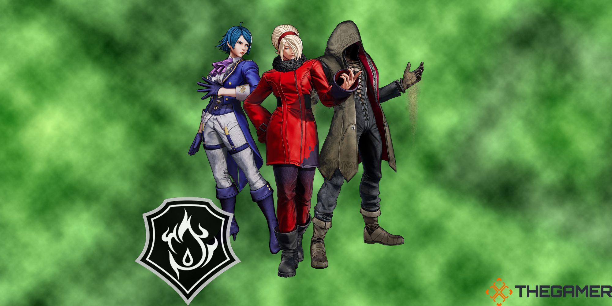 Elisabeth Blanctorche, Ash Crimson, and Kukri stand against a cloudy green background with the Team Ash crest in the foreground. Custom Image. The King Of Fighters 15.