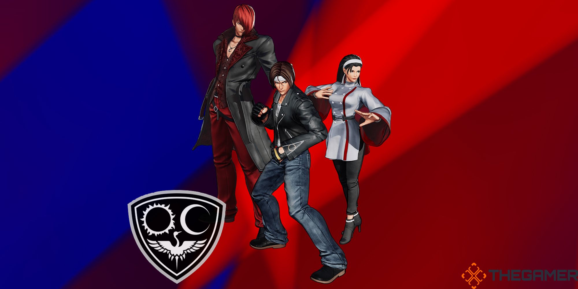 A custom image featuring, Iori Yagami, Kyo Kusanagi, and Chizuru Kagura with the Team Sacred Treasure crest against a red and blue background. The King Of Fighters 15.