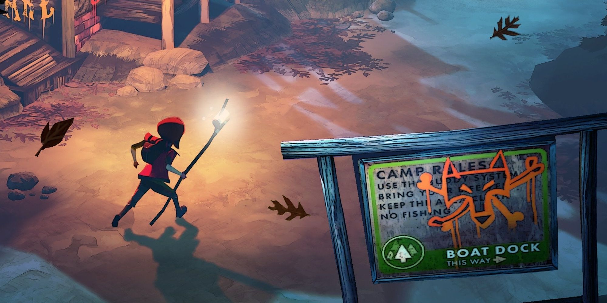 The Flame In The Flood Vegetarian Achievement Showing Main Character And Boat Dock Sign