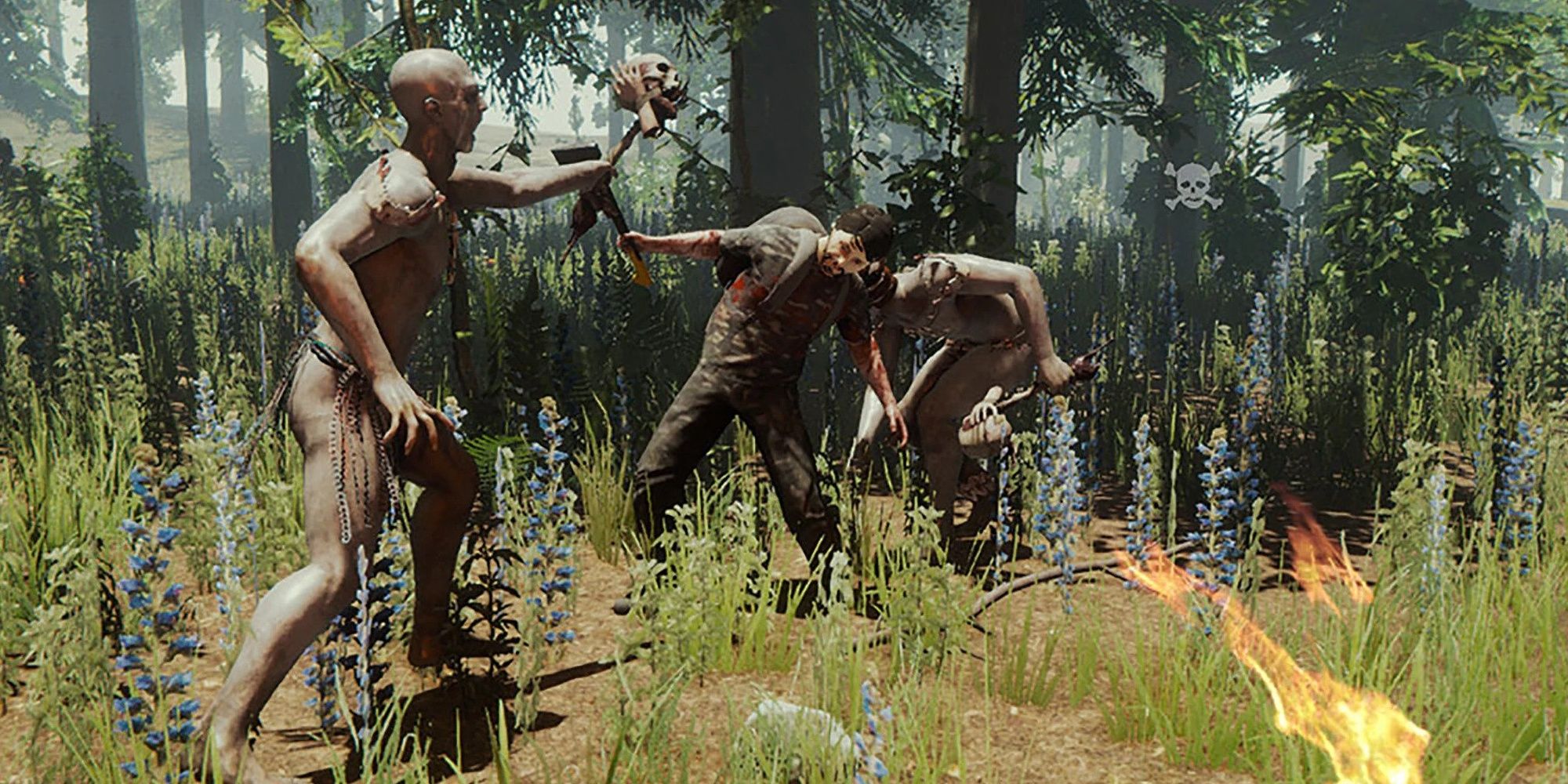 The Forest Vegan achievement image showing struggle with cannibals