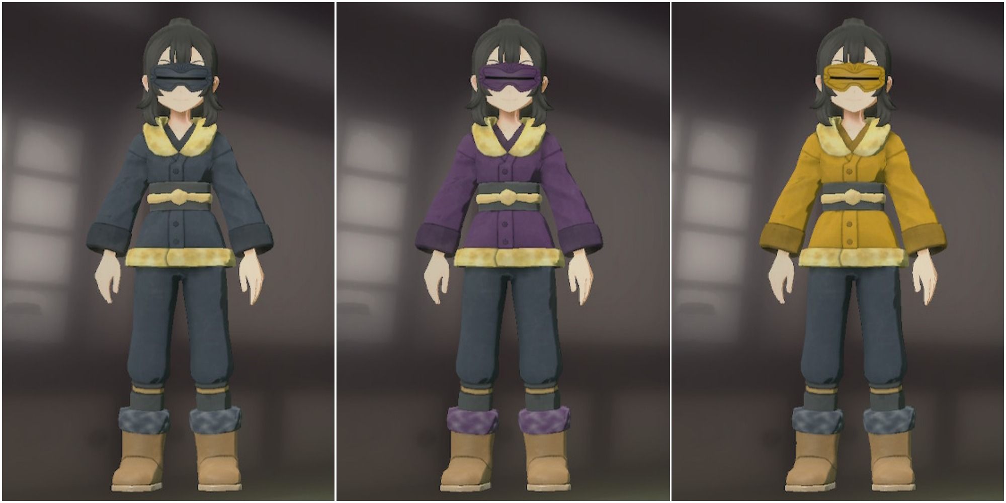 Three split images of the Pokemon Legends Arceus girl trainer wearing the Dark Slate Snow Jacket, Amethyst Snow Jacket and Ocher Snow Jacket.