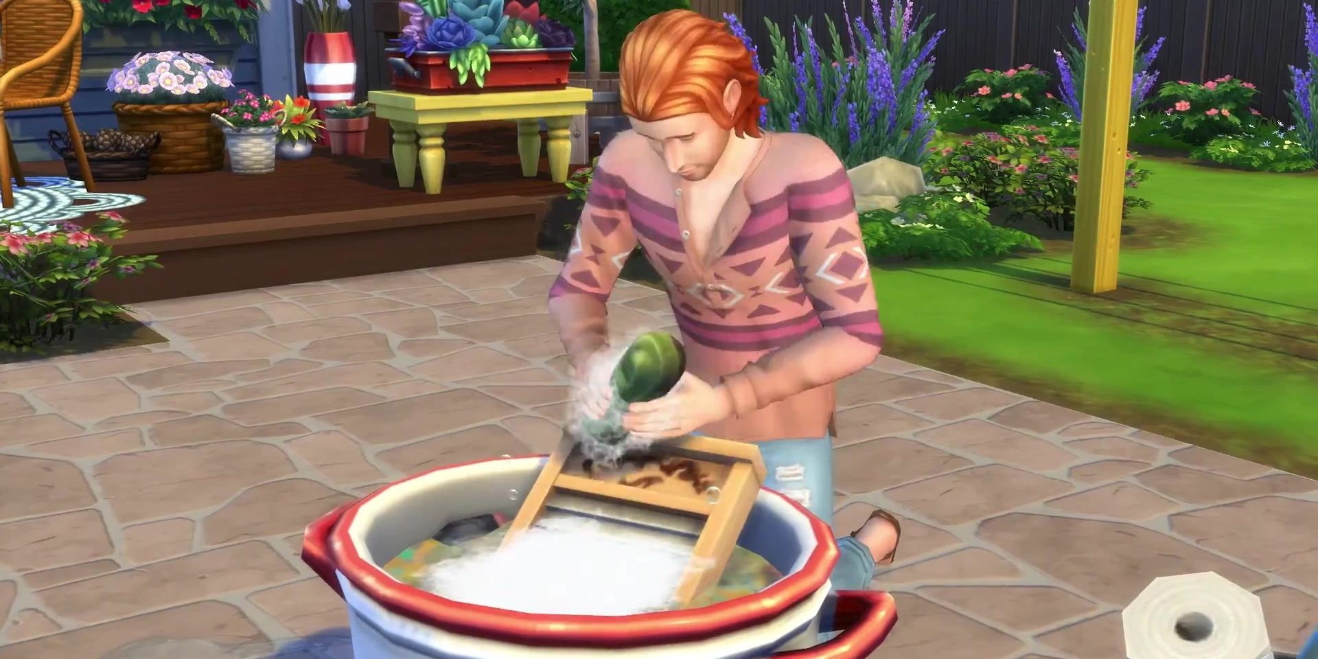 A Sim uses the light blue Washtub to clean their clothes