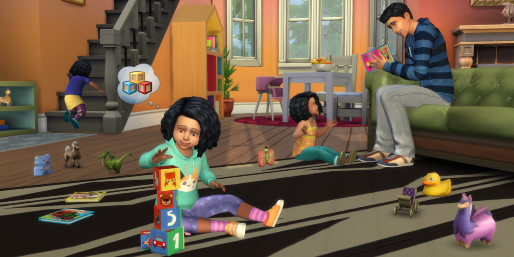 Two toddlers play as an adult Sim reads to them