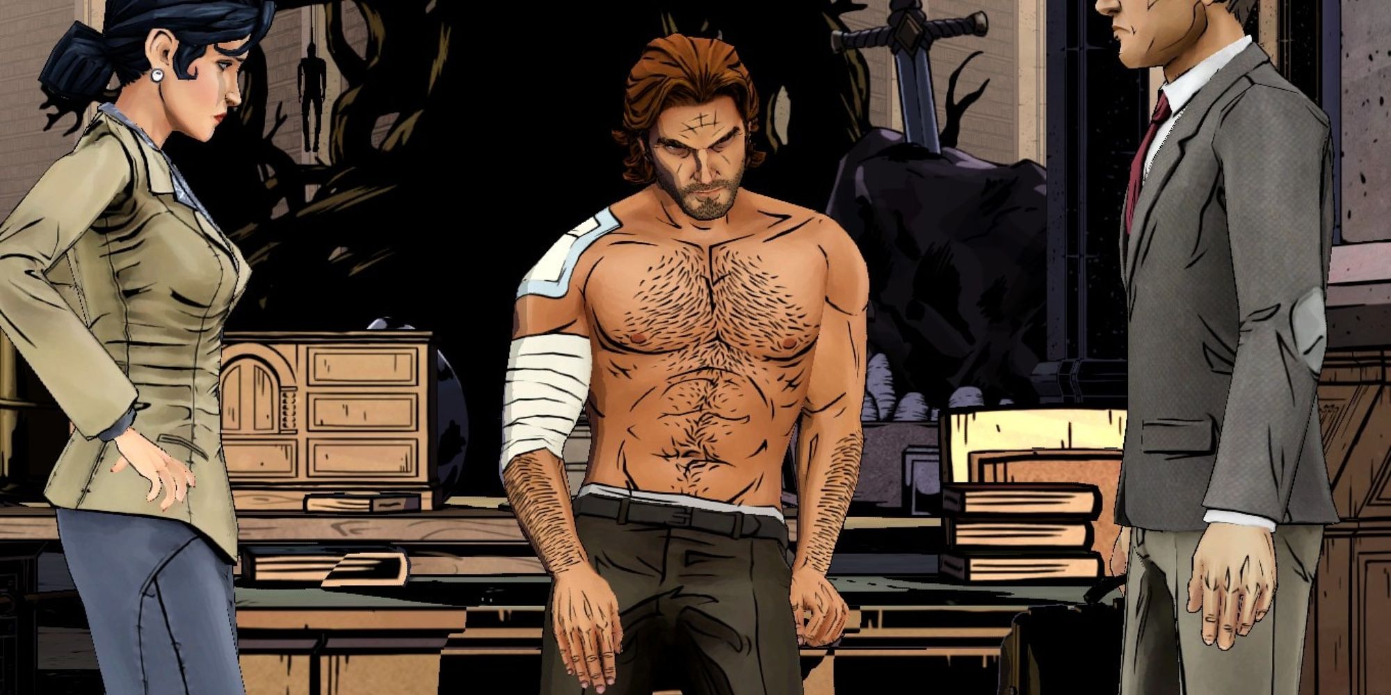 The Wolf Among Us Bigby with his shirt off in Ichabod's office