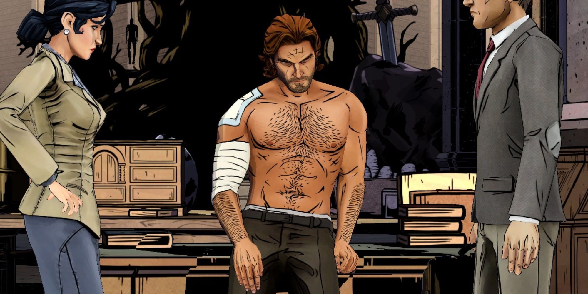 The Wolf Among Us Bigby with his shirt off in Ichabods office