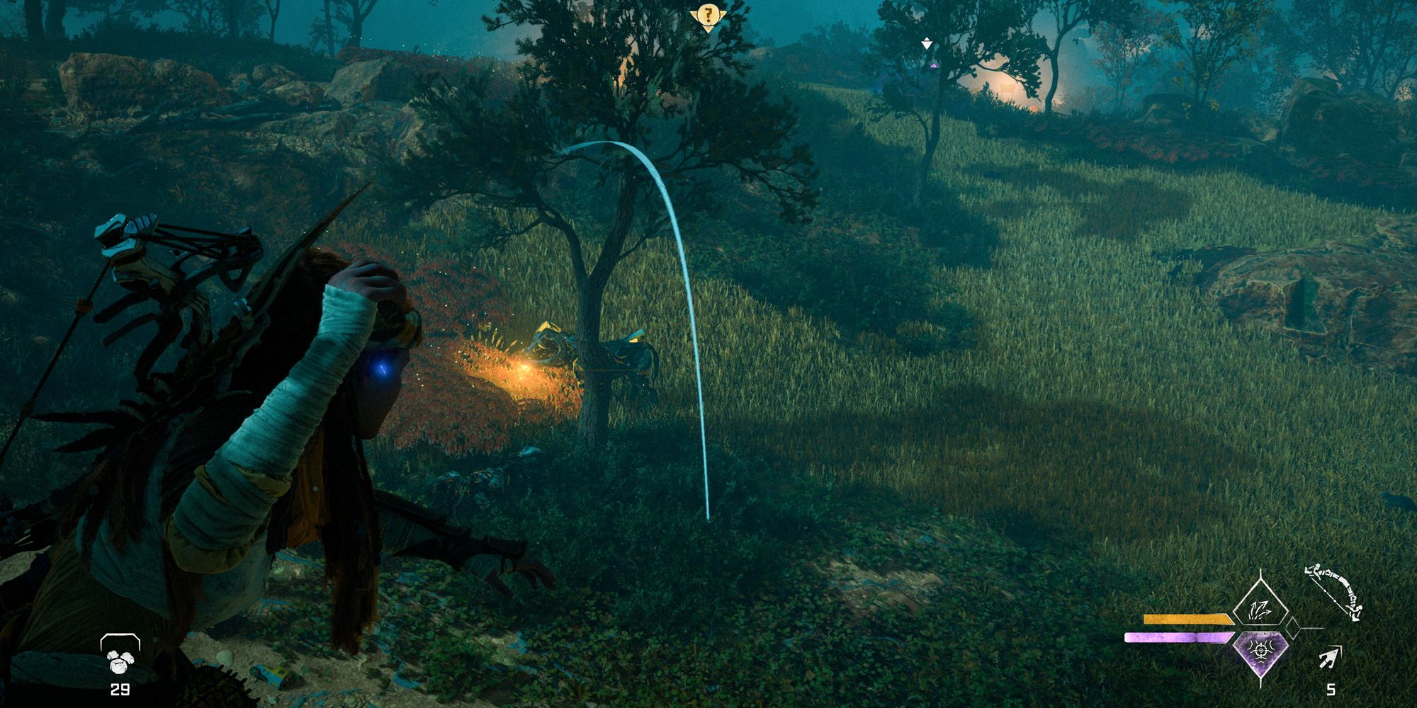 Horizon Forbidden West Aloy aiming a rock at the ground below. A machine is standing near the rock aim location.