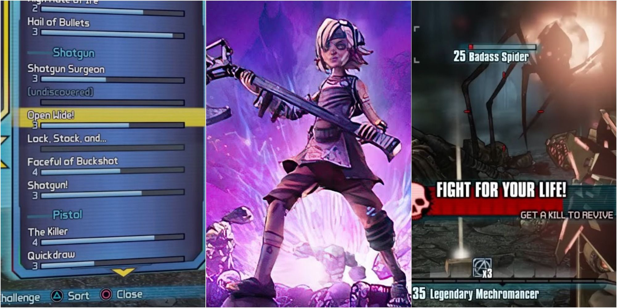 Split image of Borderlands 2 Tiny Tina Assault Dragon Keep One Shot menu, Tiny holding axe art and fighting badass spider for Challenge Accepted trophy achievement
