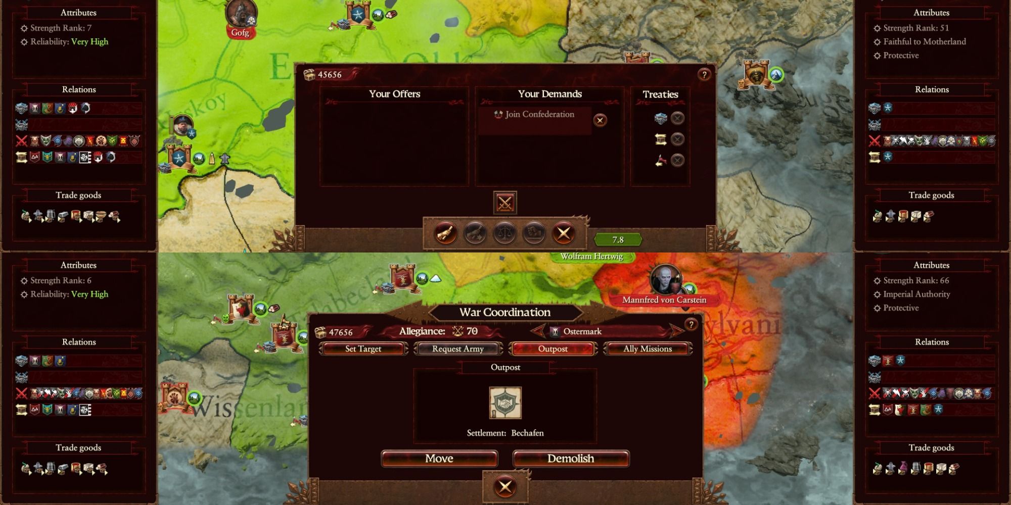 Total War Warhammer 3 Diplomacy Rework showing join confederation and the outpost system