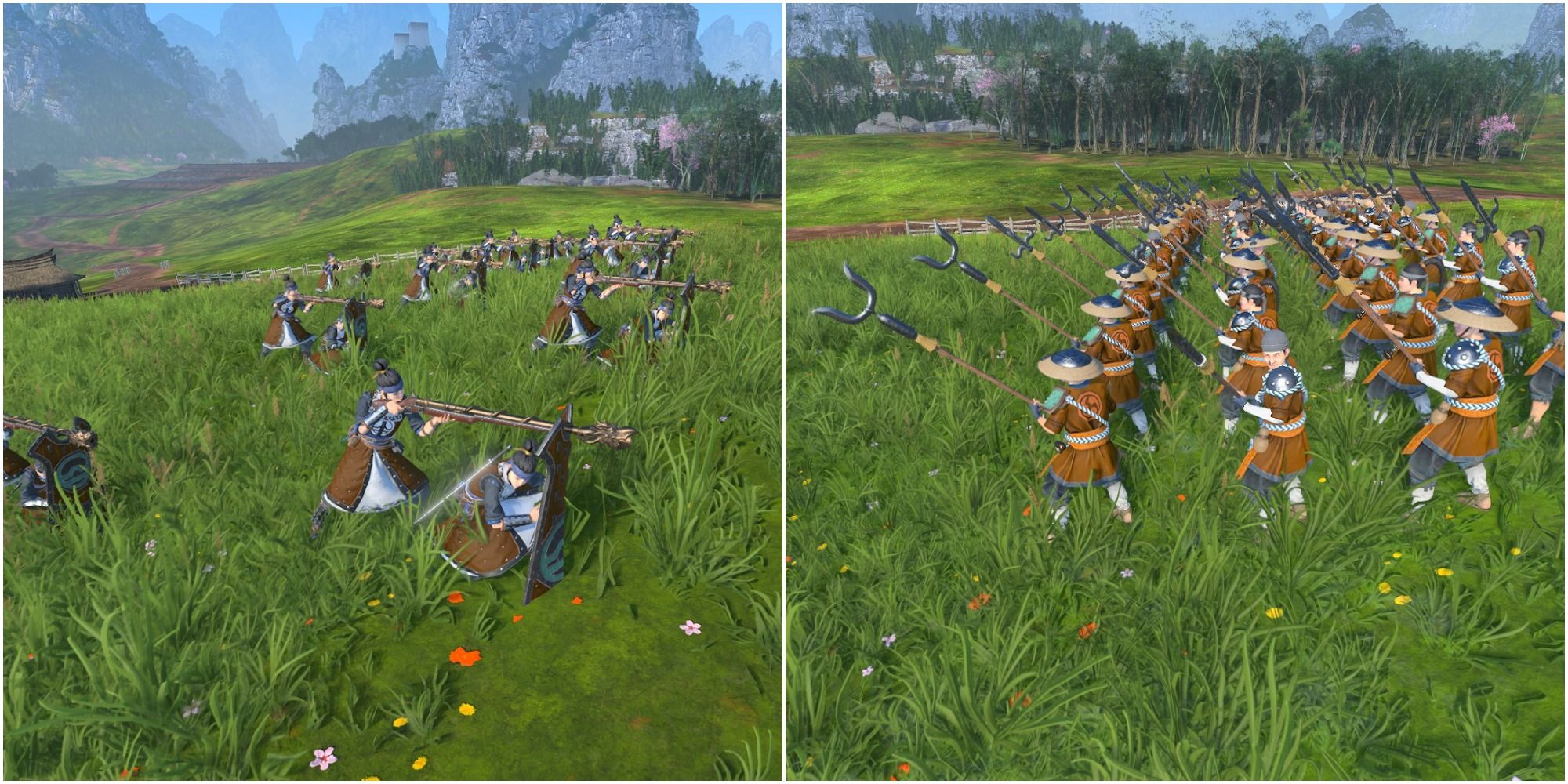 Total War Warhammer 3 Grand Cathay Crane Gunners Peasant Long Spearmen facing off on a field of grass