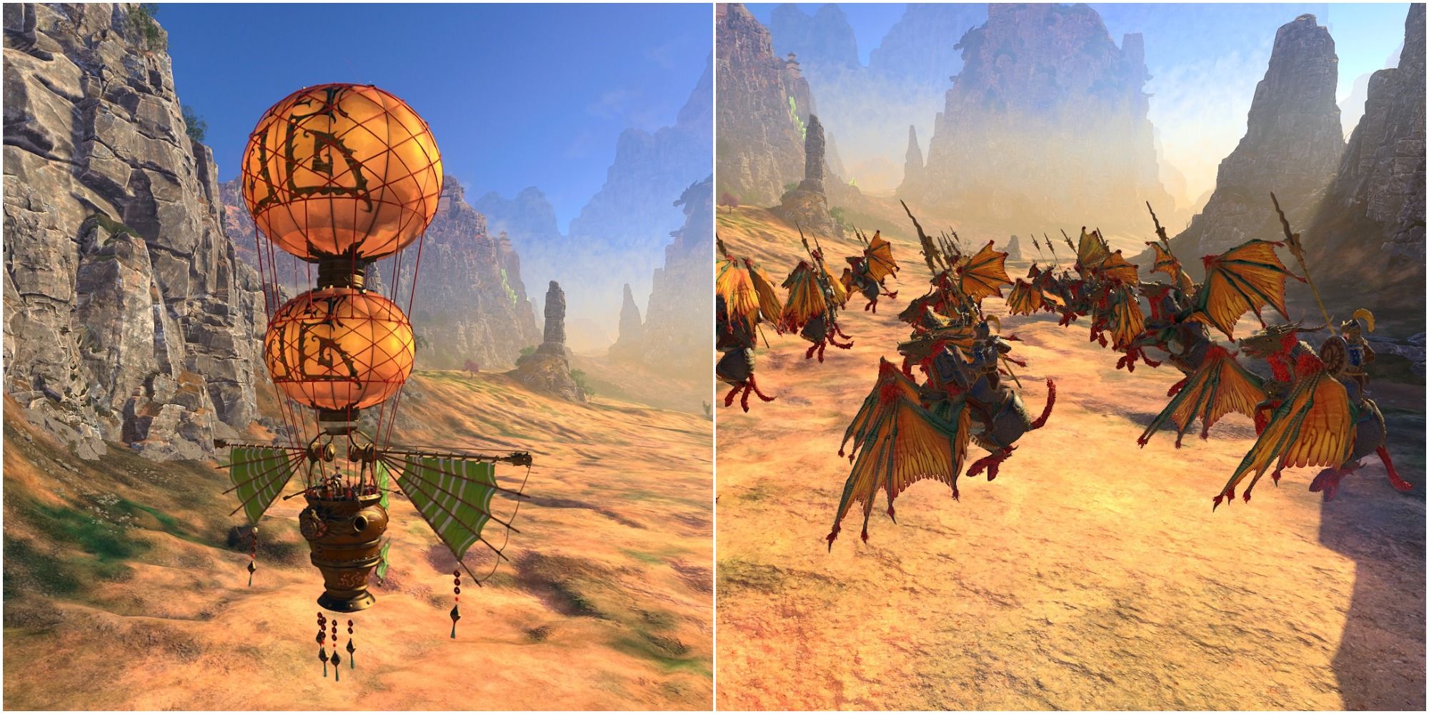Total War Warhammer 3 Great Longma Riders and Sky-Junk flying above desert