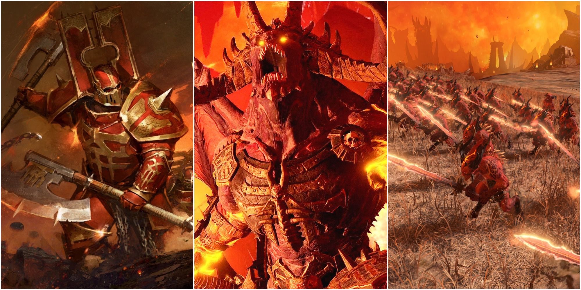 Total War Warhammer 3 Khorne Featured showing Khorne, Chaos Warriors and Bloodletters