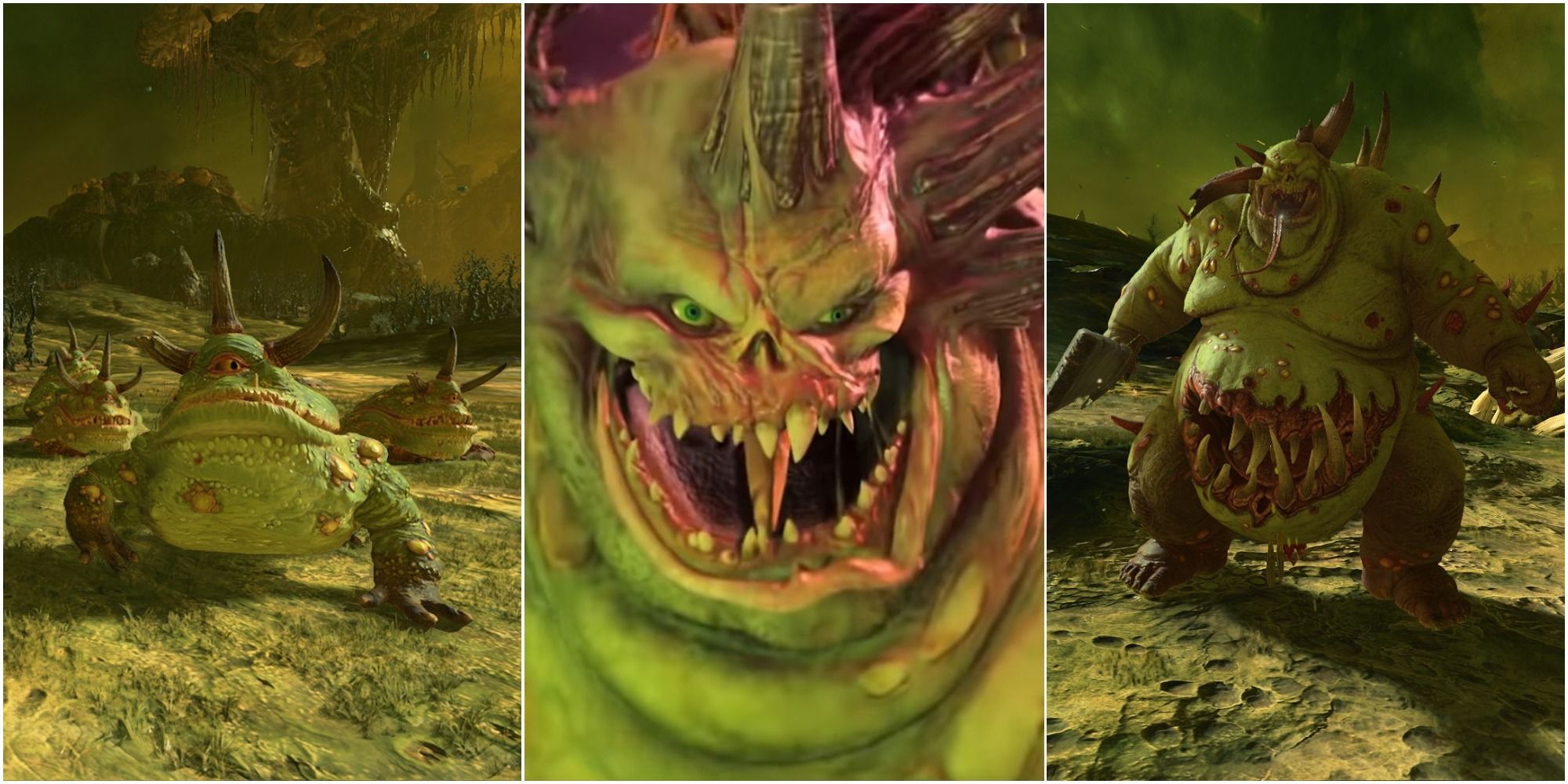 Total War Warhammer 3 Nurgle Army showing toads, Nurgle's legendary lord, and the Great Unclean One