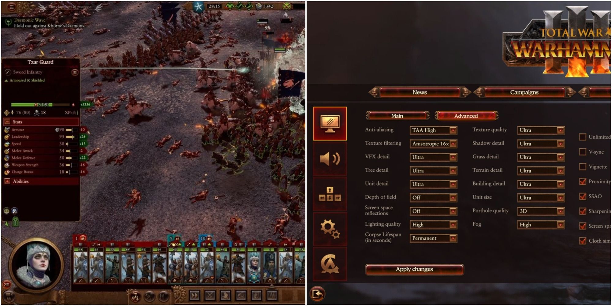 Total War Warhammer 3 User Interface showing the battle UI and the main menu