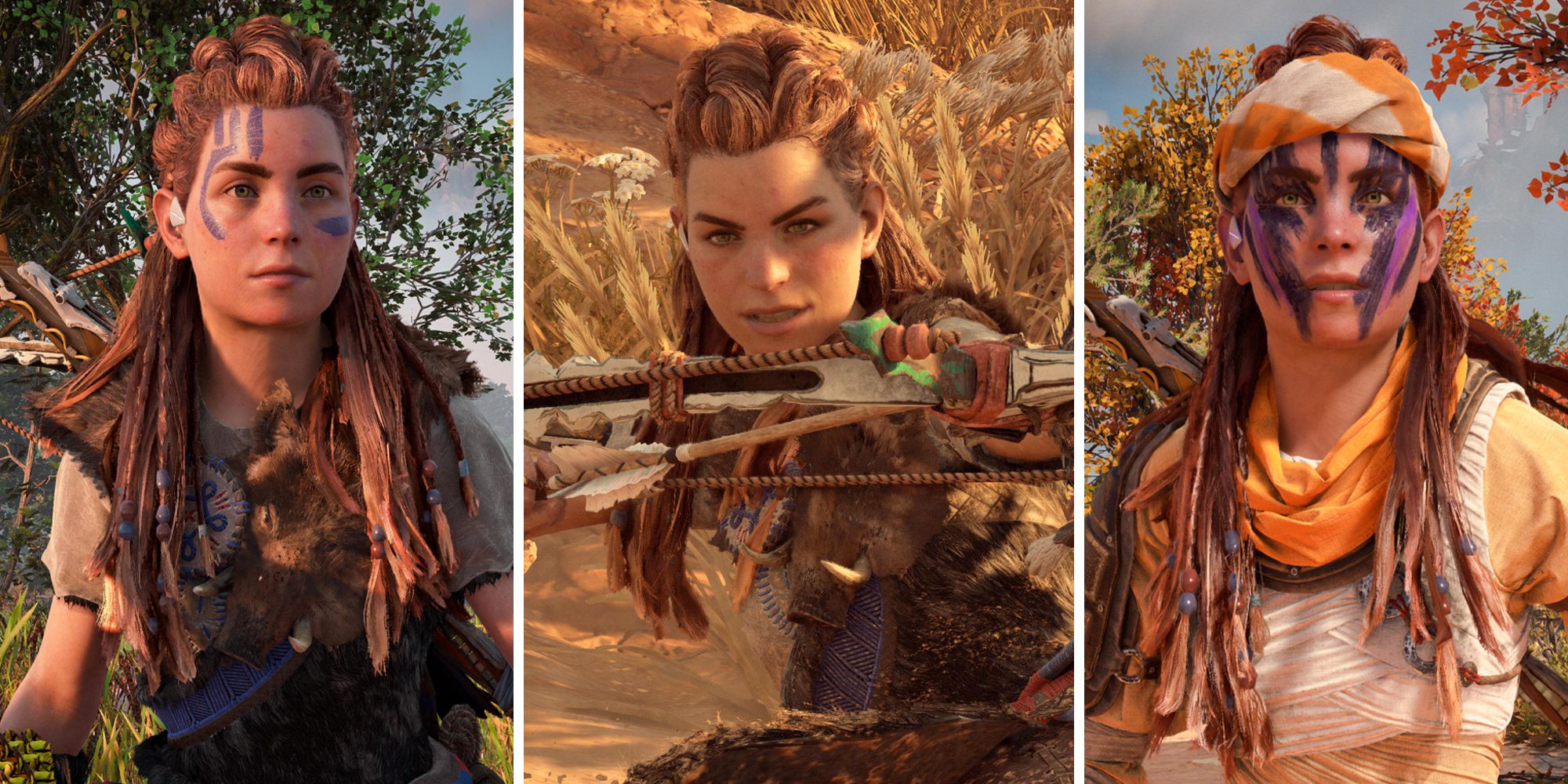Horizon: Forbidden West split image. Aloy in different outfits.