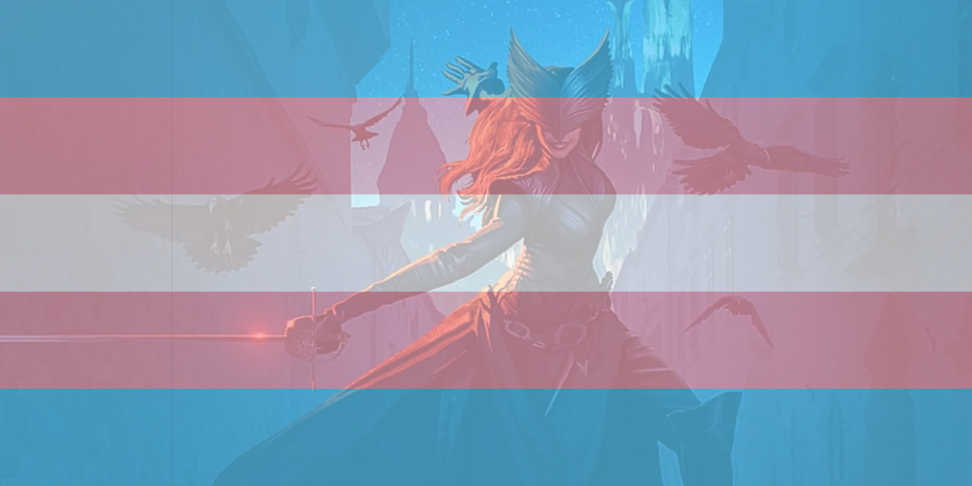 Dragon Age 4 key art with a trans flag over it