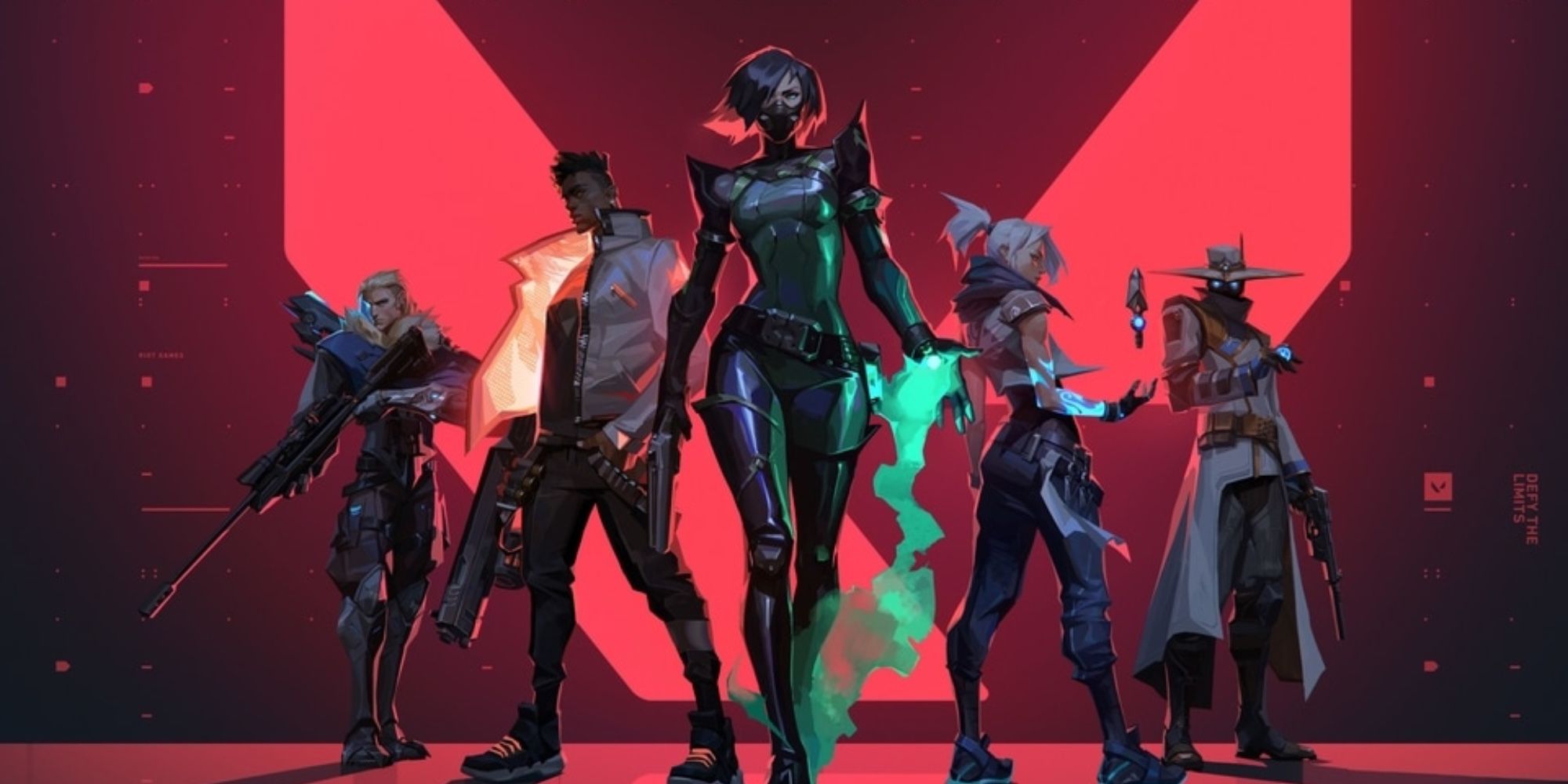 Valorant key art showing off five of its heroes