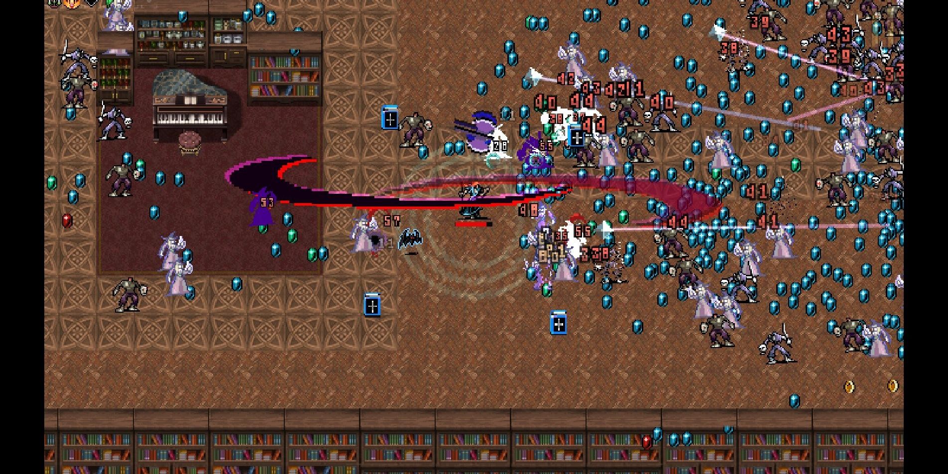 Vampire Survivors screenshot Bloody Whip clears out a wide area of enemies