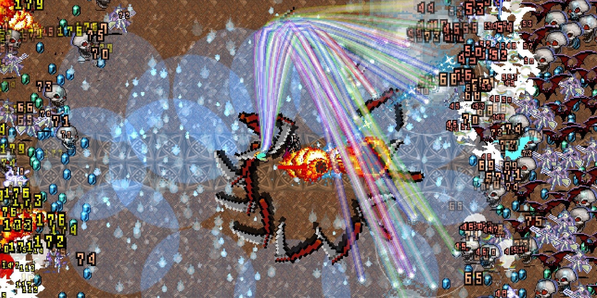 Vampire Survivors screenshot Vandalier firing rainbow-colored projectiles
