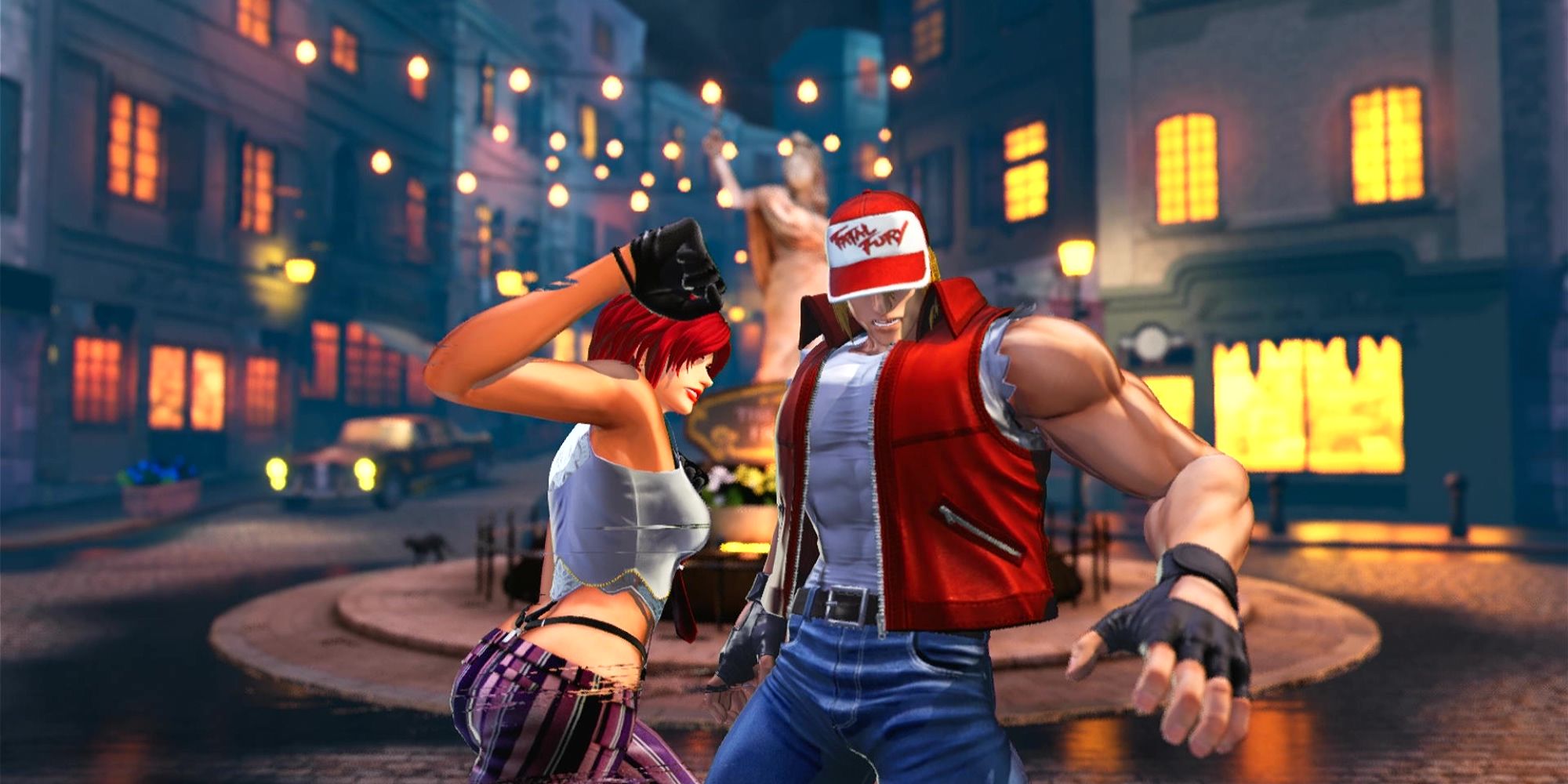 Vanessa moves in slow motion as she punches out Terry Bogard with her Infinity Puncher Climax Super Special Move in a battle at Provence Main Street. The King Of Fighters 15.