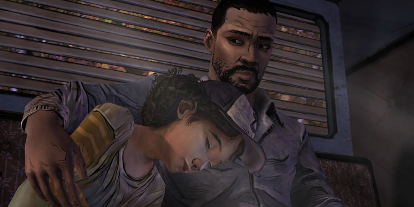 Lee Everett from Telltale's Walking Dead Season One, hugging Clementine and looking worried