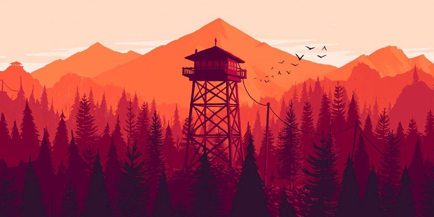 Firewatch official art of a tower with red lighting