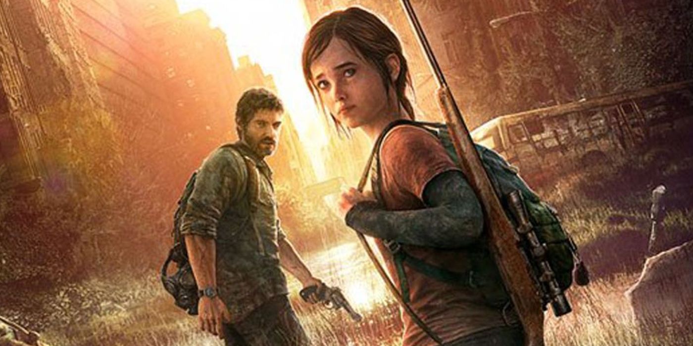 The Last of Us, Joel and Ellie walking while looking back, with their guns towards a sunset.