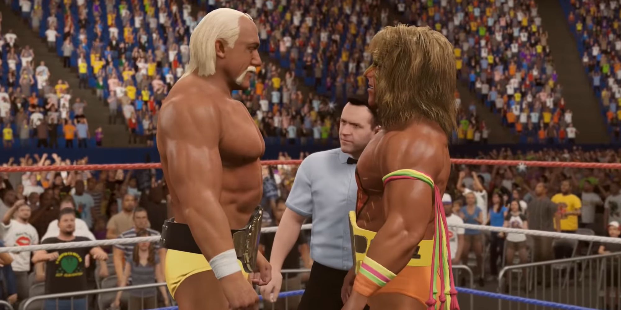 WWE 2K15 Screenshot Of Hulk Hogan and Ultimate Warrior Stare Down