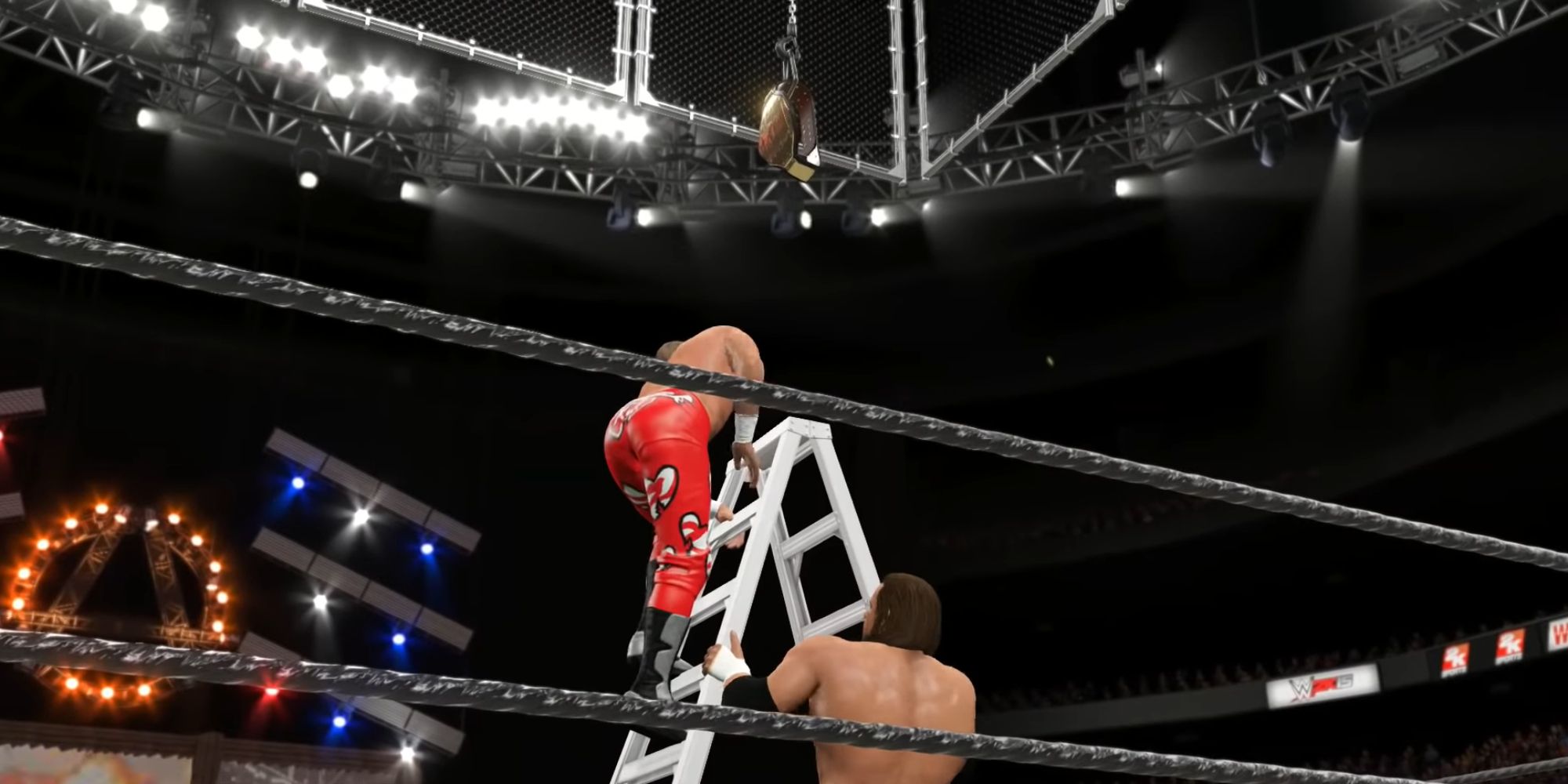 WWE 2K15 Screenshot Of Triple H Pushing Shawn Michaels Off Ladder