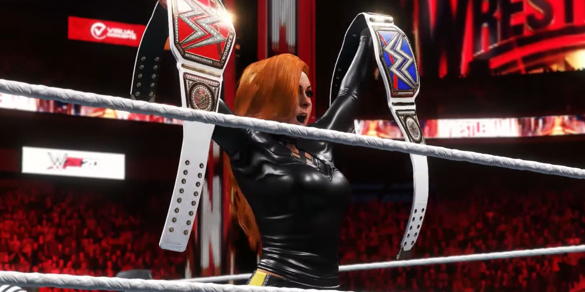 WWE 2K20 Screenshot Of Becky Lynch Holding Two Titles