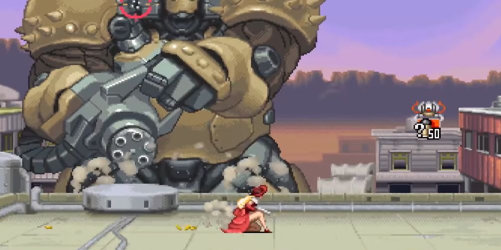 Wild Guns Reloaded: Annie performs a dodge roll while fighting a giant mech